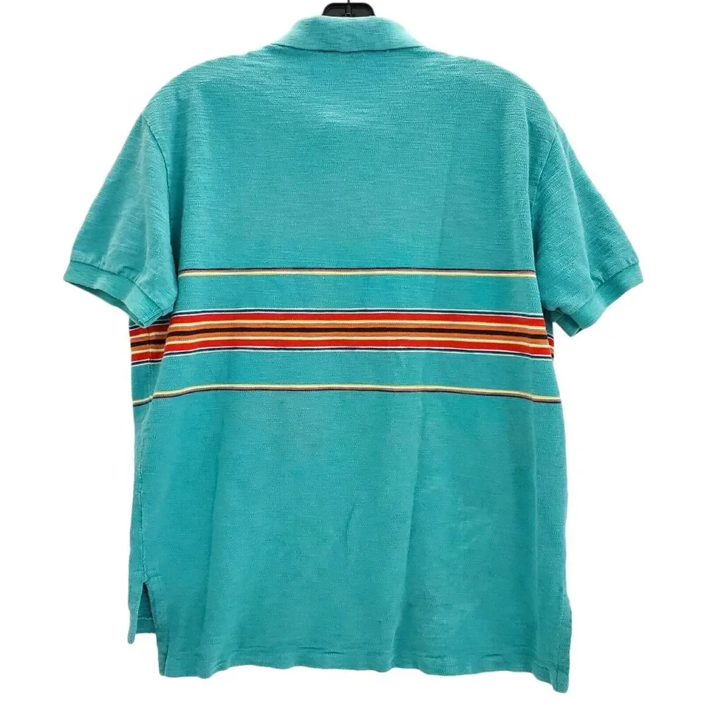 Ralph Lauren POLO Shirt Mens Medium Teal Multicolor Striped Casual Preppy Travel